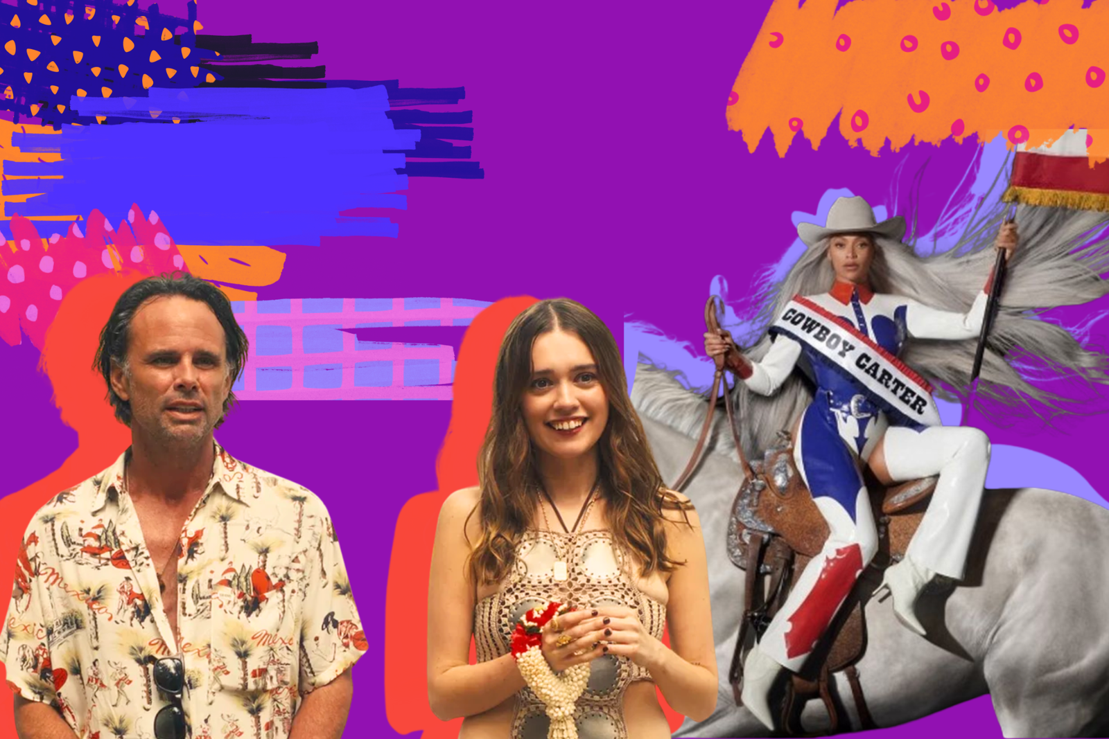Collage de un hombre, una mujer sonriente y una jinete en caballo con banda Cowboy Carter, fondo colorido.