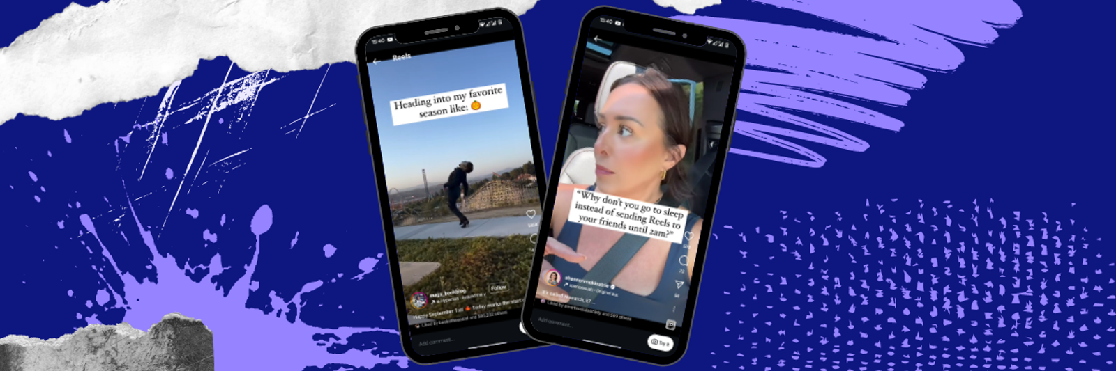 Dos teléfonos con Reels de Instagram y textos de memes superpuestos, sobre un fondo gráfico azul.