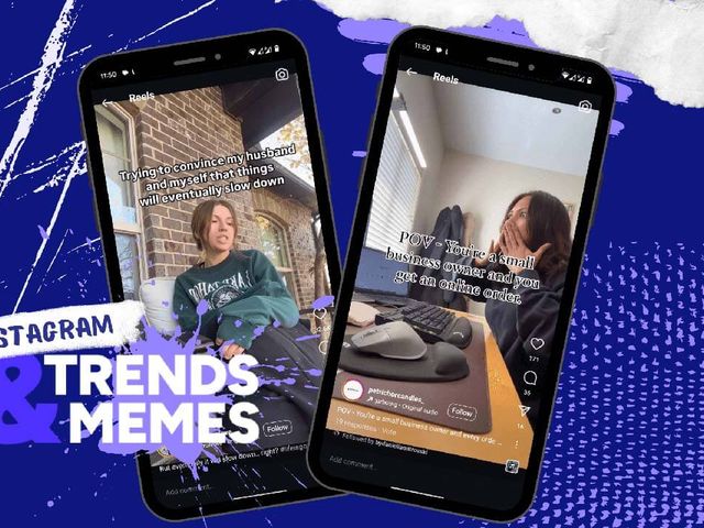 Dos teléfonos con Reels de Instagram y memes sobre la vida de un pequeño negocio