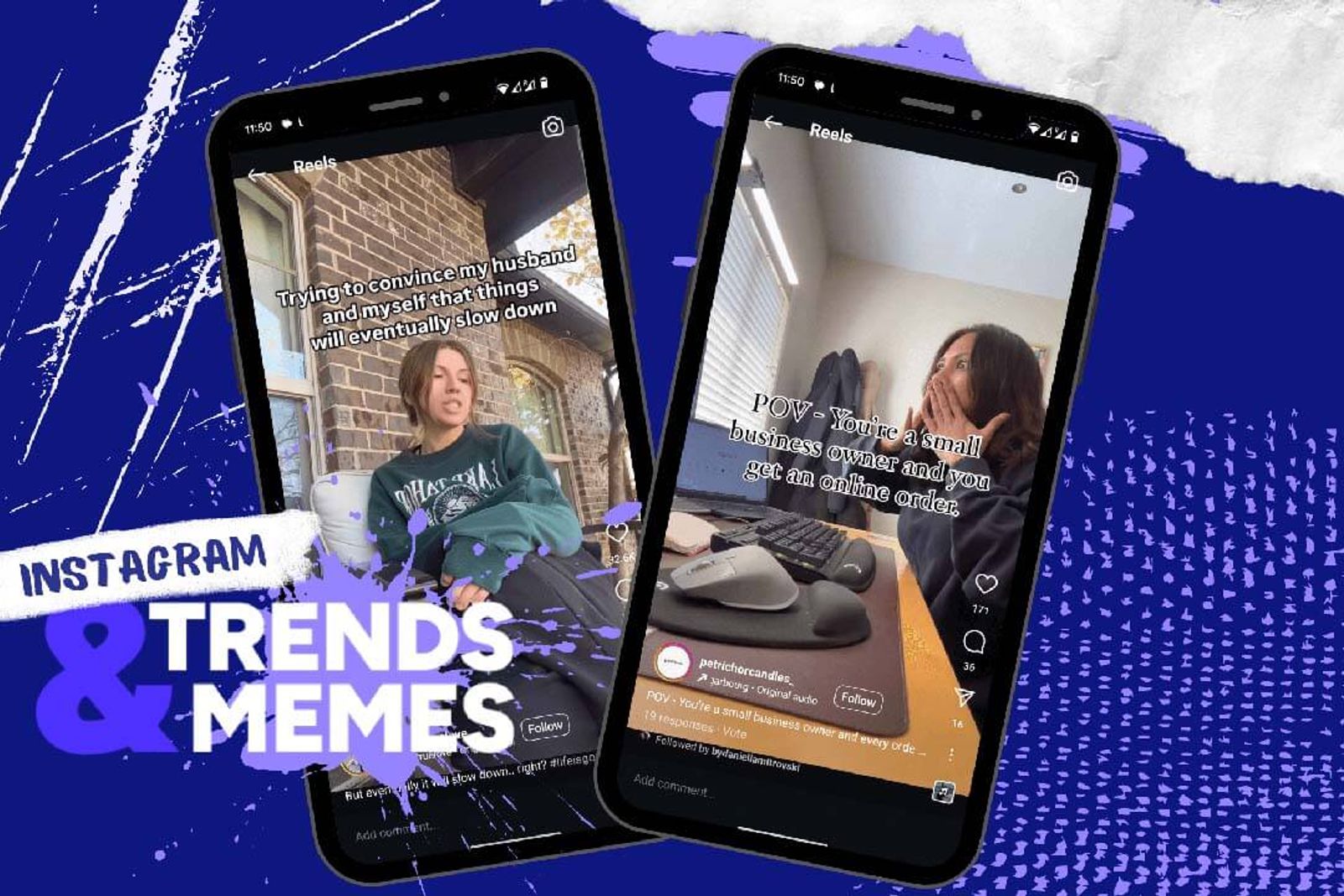 Dos teléfonos con Reels de Instagram y memes sobre la vida de un pequeño negocio