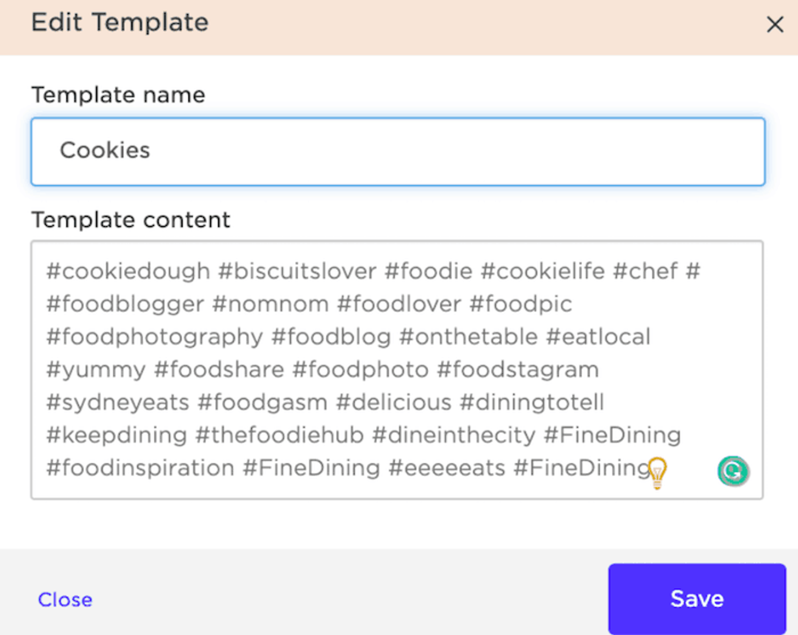 Ventana de edición de plantilla llamada 'Cookies' con una lista de hashtags en el campo de contenido.