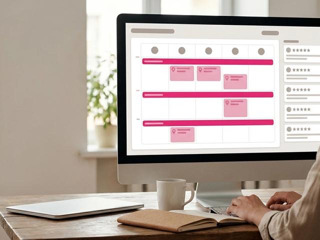 Marketer's screen showing local business posts for several stores grouped by region in a calendar, next to a review inbox