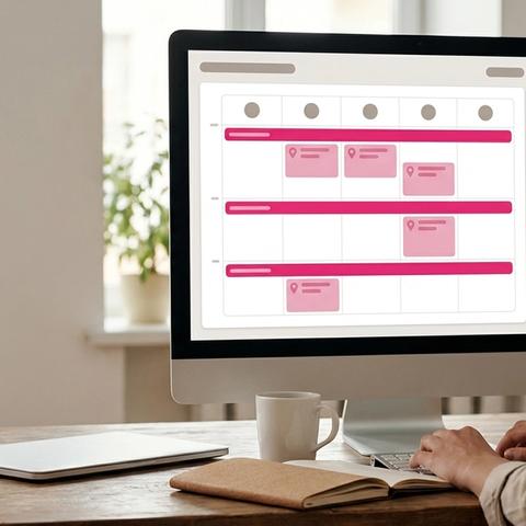 Marketer's screen showing local business posts for several stores grouped by region in a calendar, next to a review inbox
