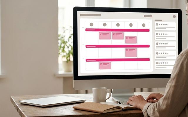 Marketer's screen showing local business posts for several stores grouped by region in a calendar, next to a review inbox