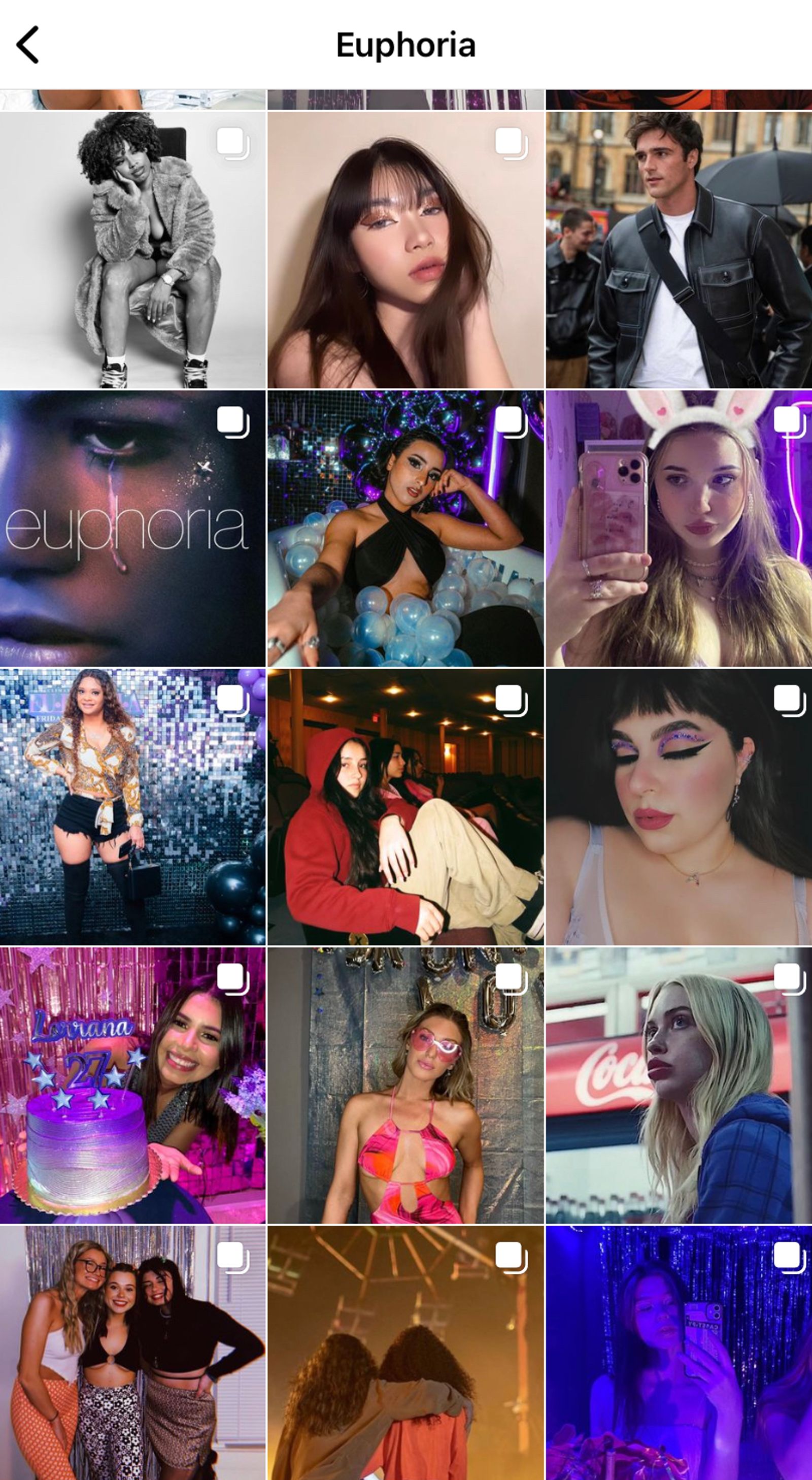 Instagram location page grid for Euphoria, showing posts with bold makeup, parties and neon lighting.