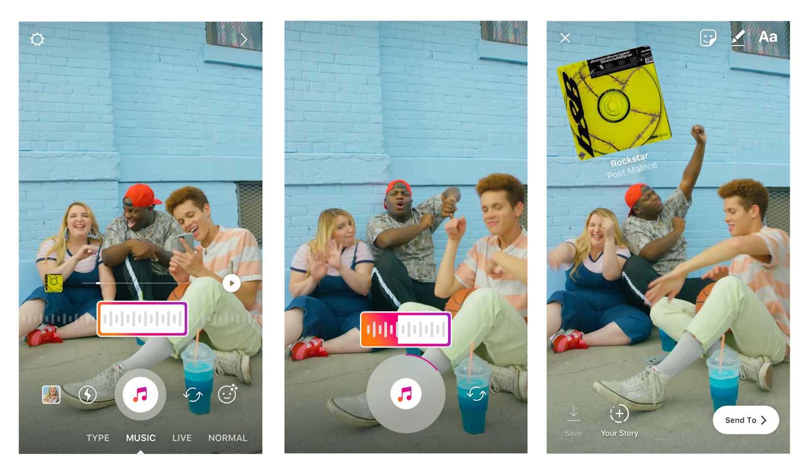 Instagram Story editor screens showing the music sticker with a song's waveform and album art added.