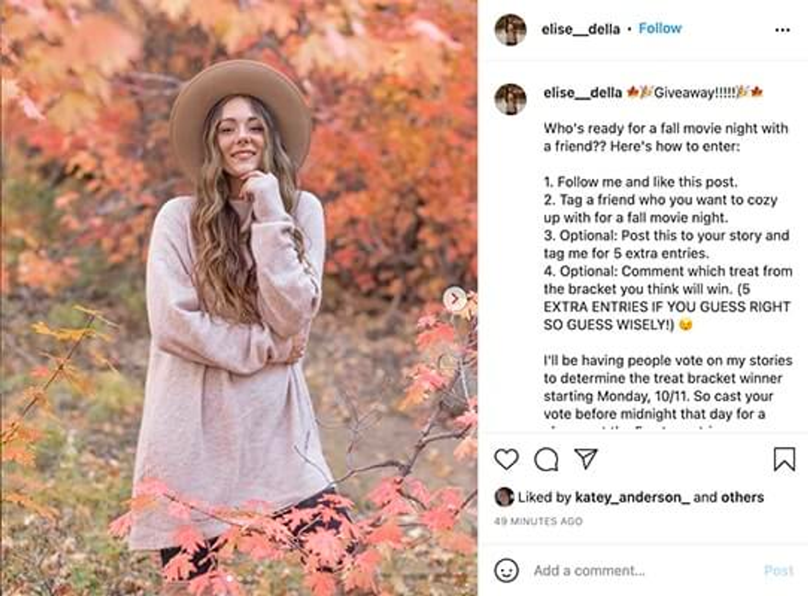 Publicacion de Instagram de elise__della con un sorteo de otono, instrucciones de participacion y foto entre hojas otonales.