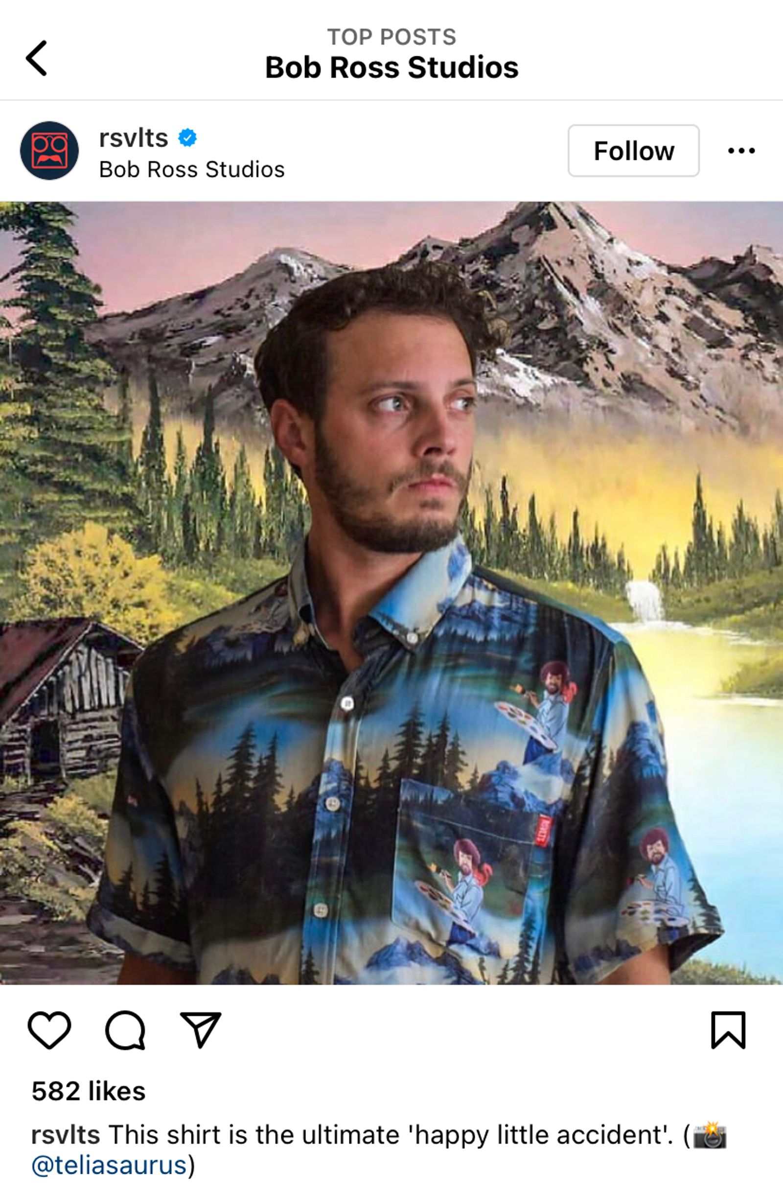 Instagram post tagged Bob Ross Studios, showing a man in a mountain-scene printed shirt against a painted backdrop.
