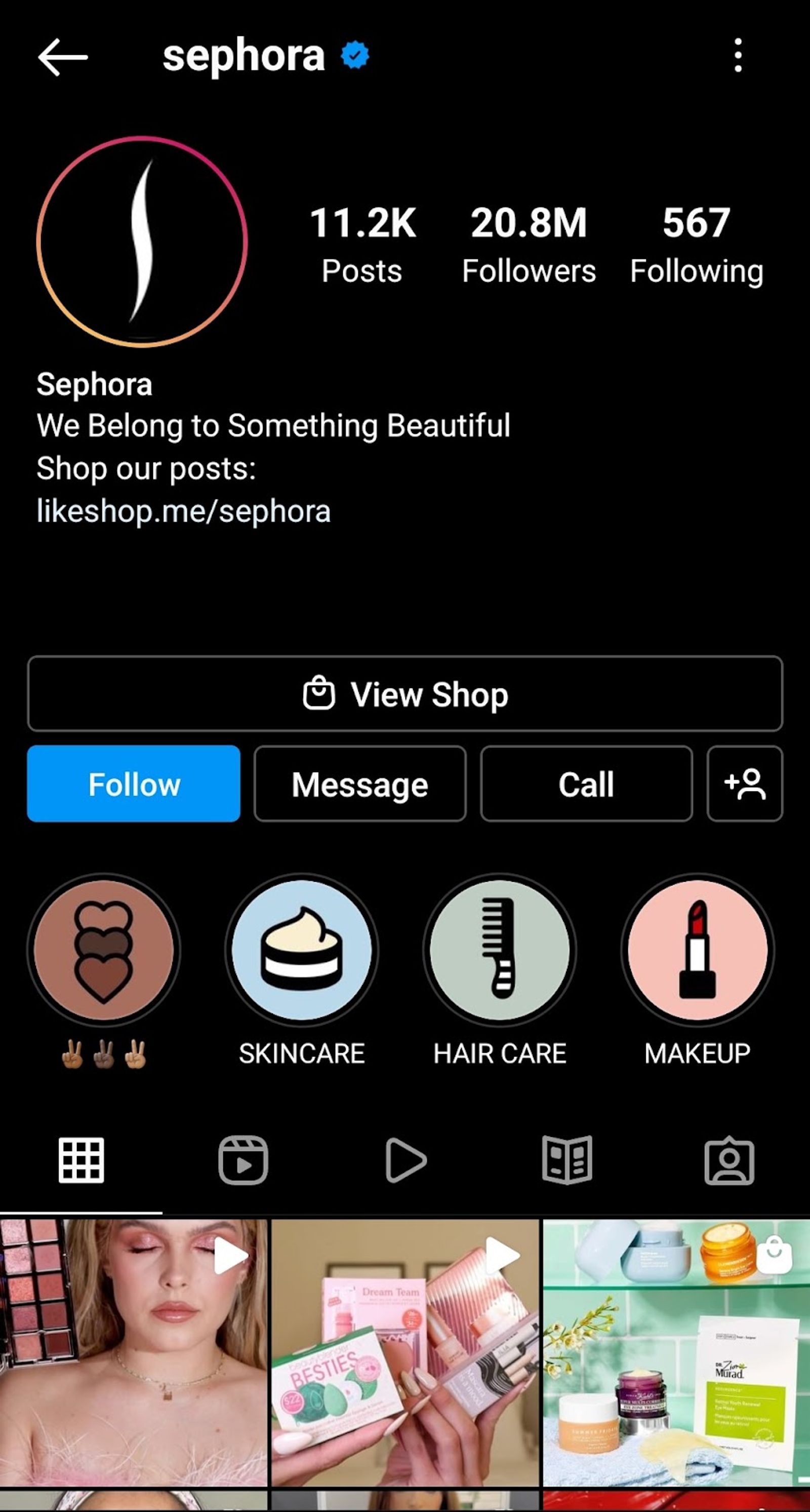 Perfil de Instagram de Sephora con portadas de Destacados personalizadas para skincare, cabello y maquillaje.