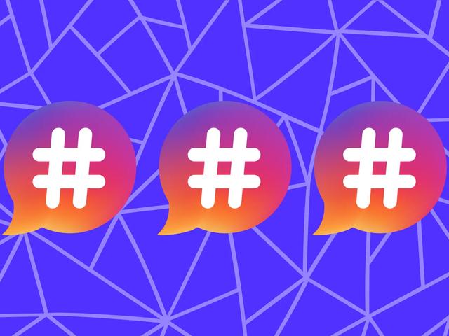 Three gradient orange, pink, and purple speech bubbles with white hashtag symbols on a blue geometric background