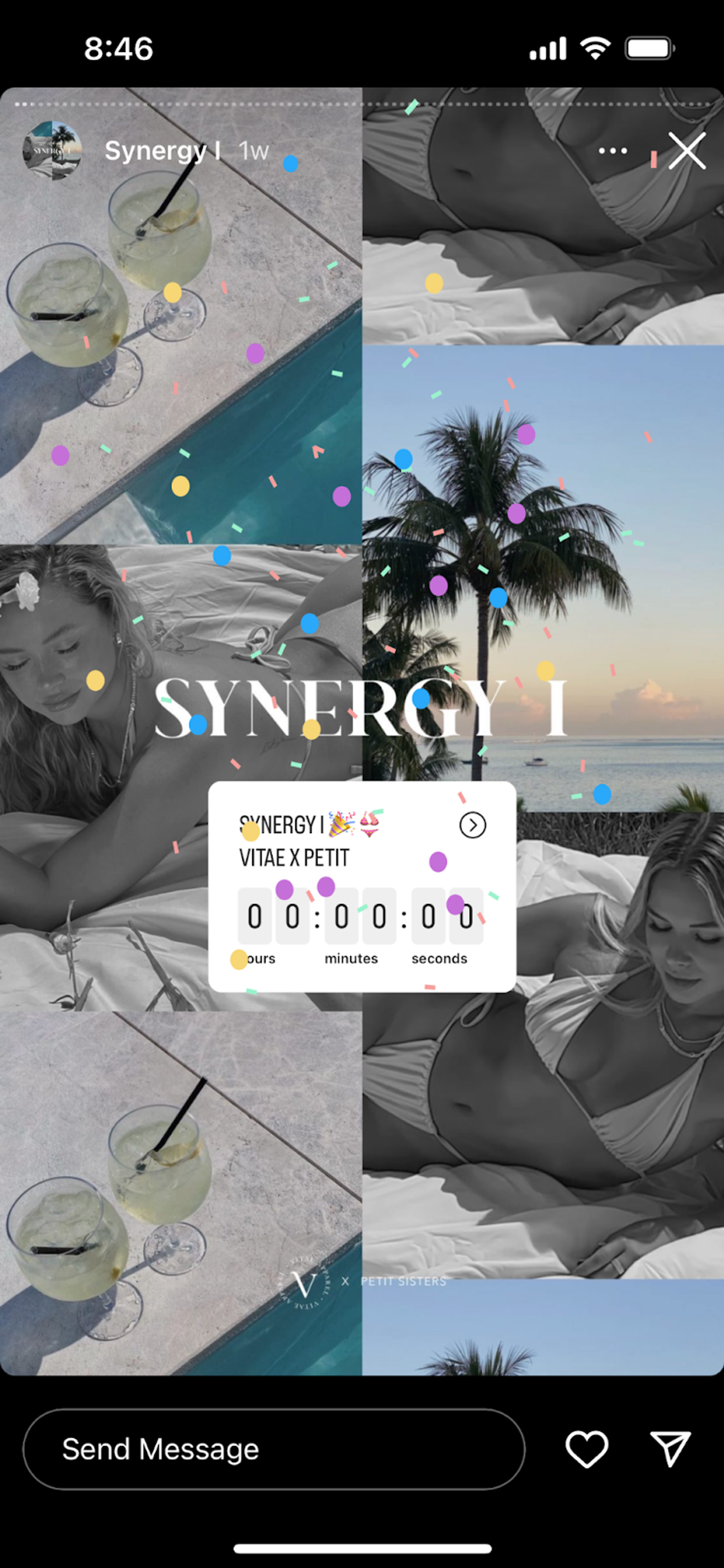 Historia de Instagram de Vitae Apparel con un sticker de cuenta regresiva sobre fotos de trajes de baño y piscina.