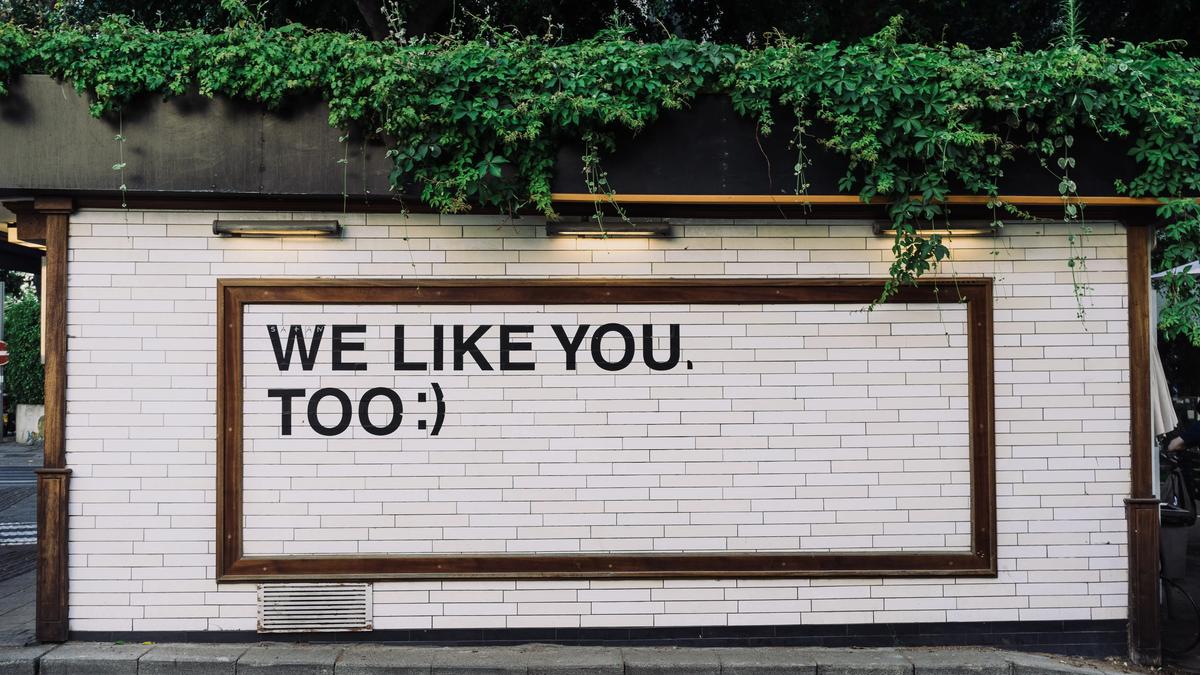 Un letrero enmarcado en una pared de baldosas que dice 'We like you, too :)' bajo enredaderas verdes colgantes