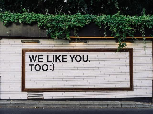 Un letrero enmarcado en una pared de baldosas que dice 'We like you, too :)' bajo enredaderas verdes colgantes
