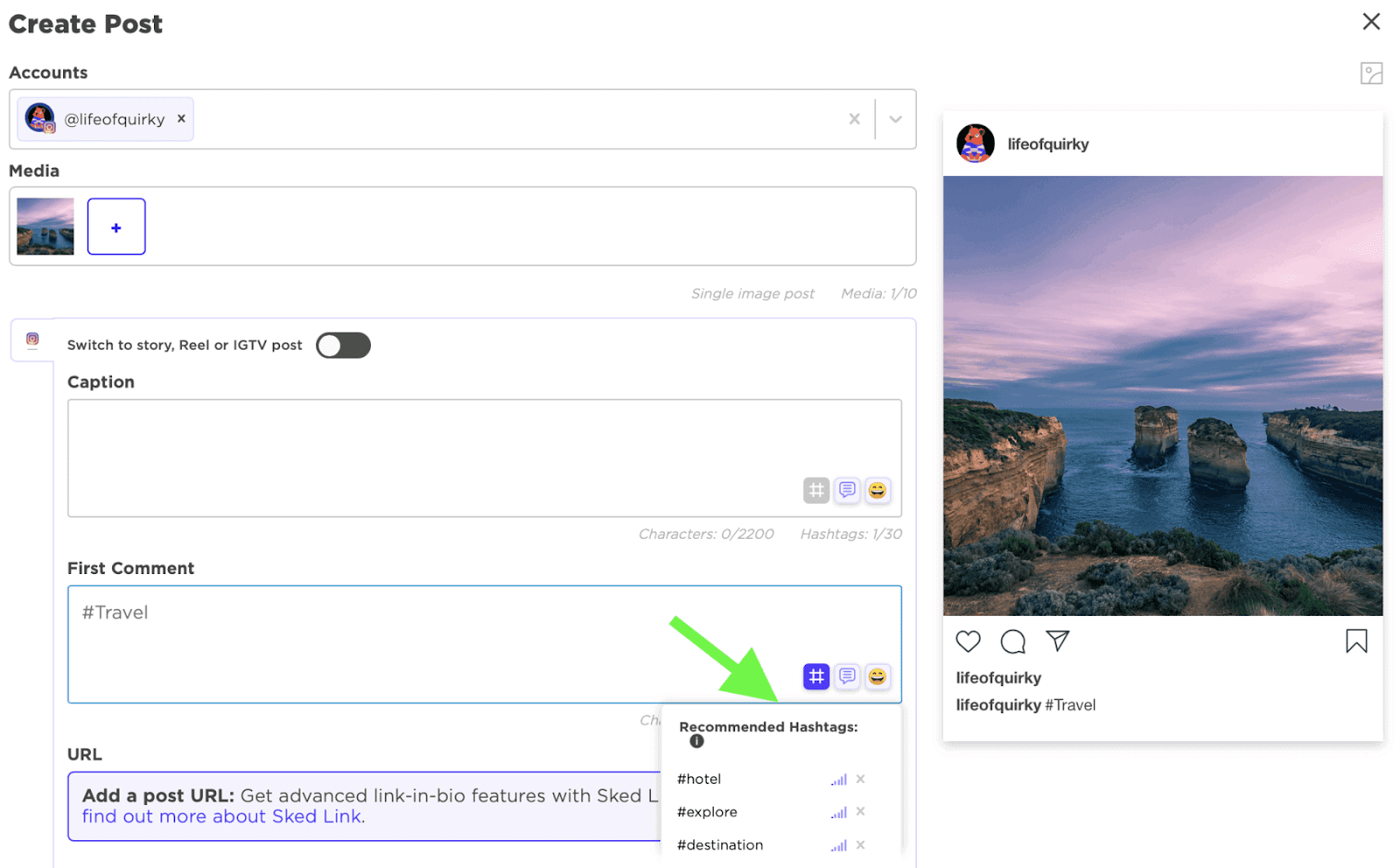 Función de recomendación de hashtags de Sked Social en el programador de publicaciones