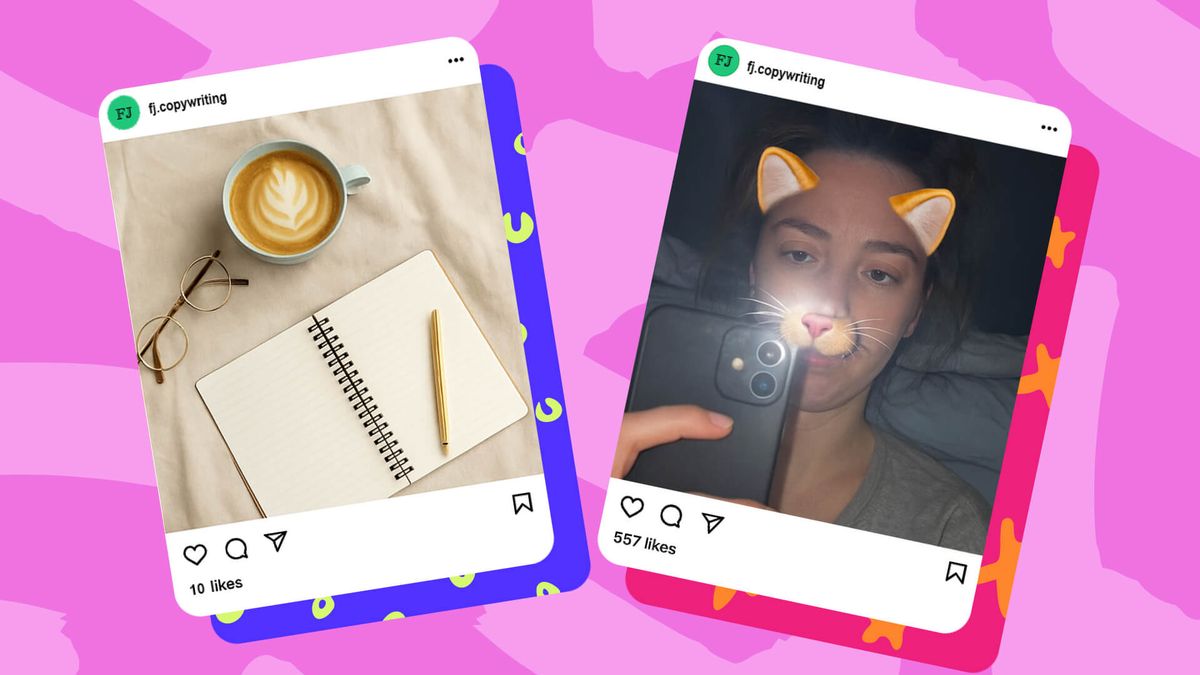 Two social media UI screenshots on a pink and purple background. Left: coffee, glasses, notebook, pen. Right: woman with cat filter.