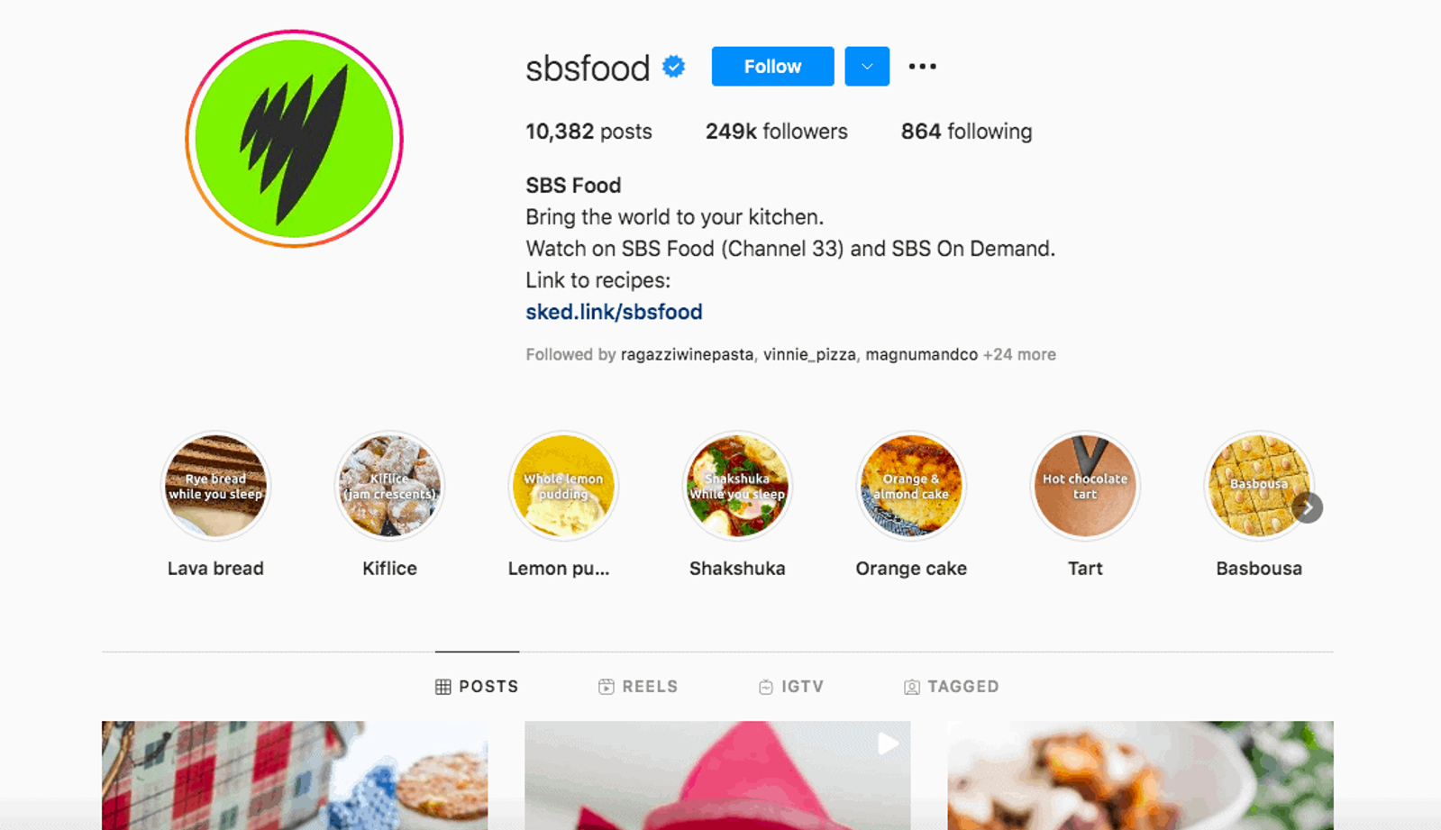Perfil de Instagram de SBS Food con un enlace en la biografía e historias destacadas de recetas
