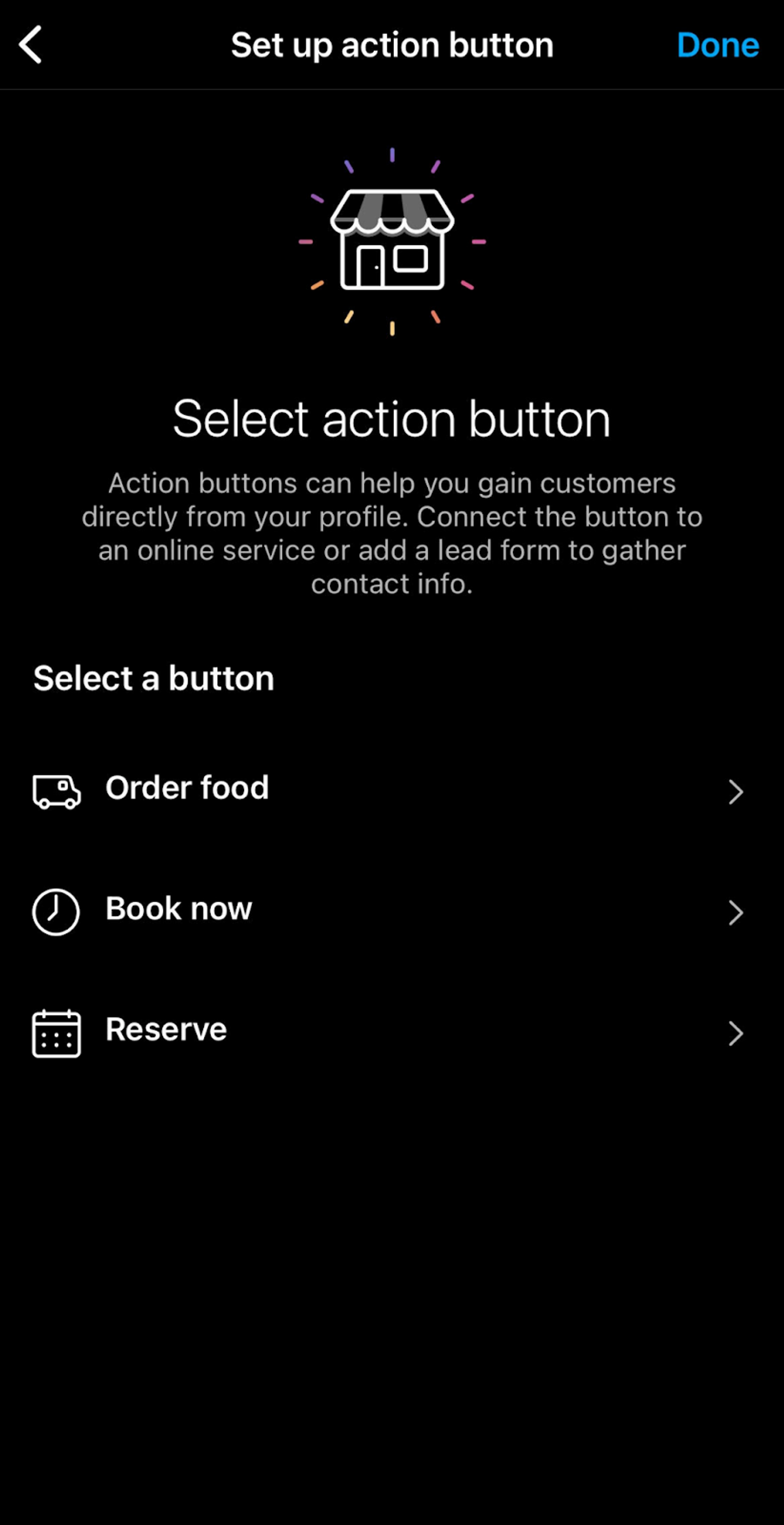 Pantalla de configuración de botón de acción en Instagram, con opciones Pedir comida, Reservar cita y Reservar.