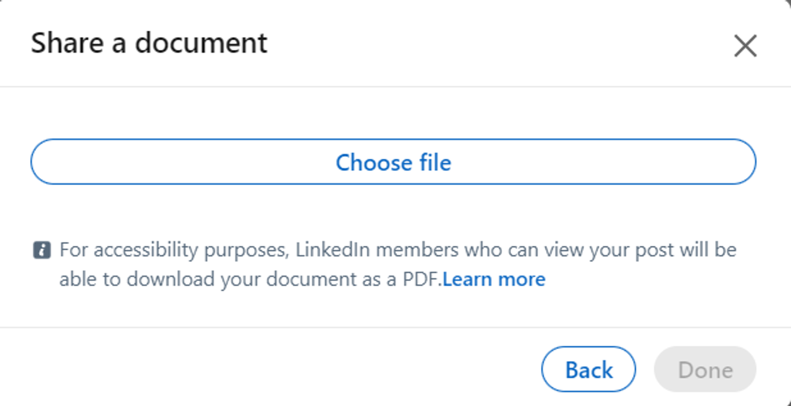 Cuadro de diálogo de LinkedIn 'Compartir un documento' con botón Elegir archivo y opciones Atrás y Listo.