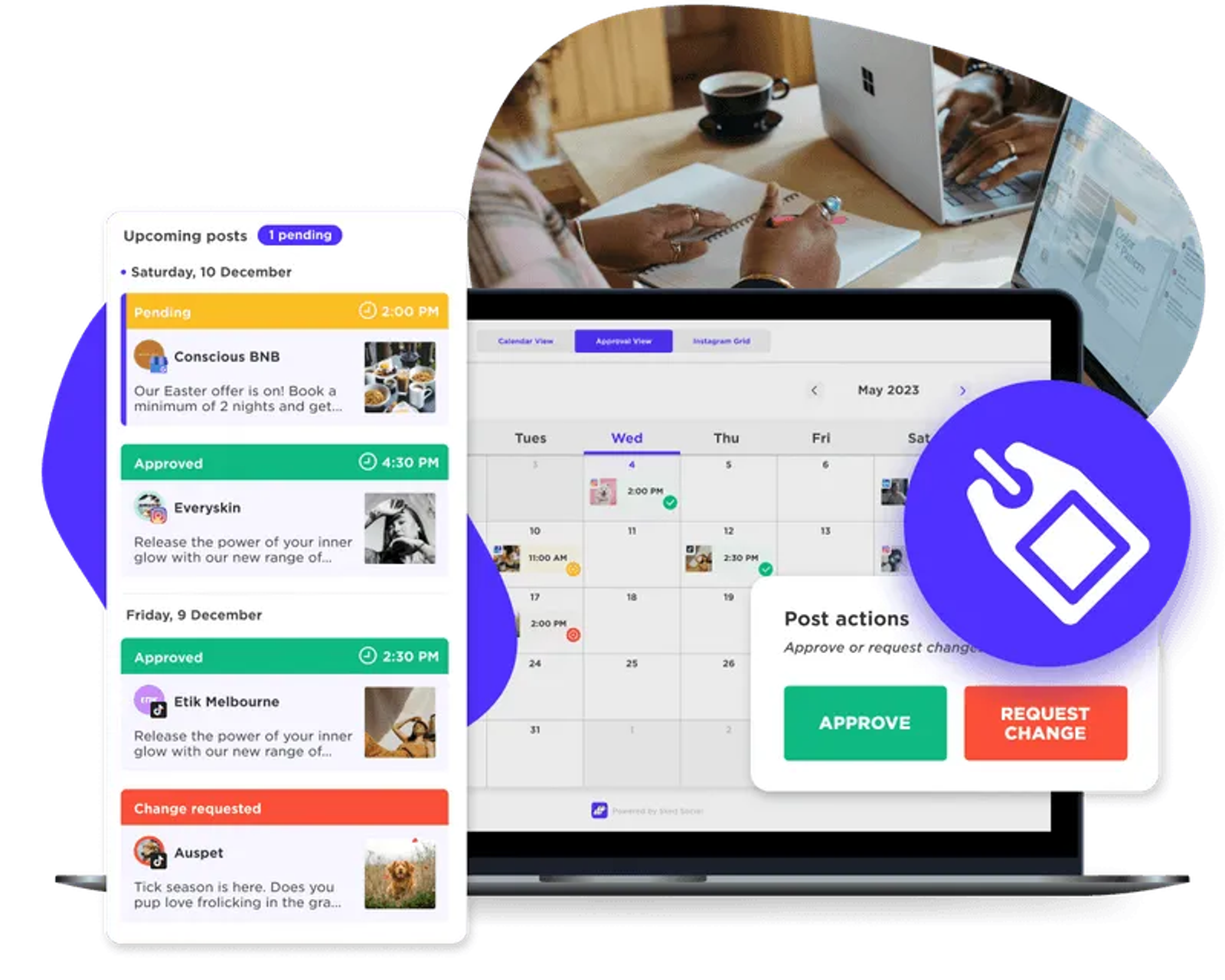 Vista de aprobación de Sked Social con publicaciones pendientes, aprobadas y con cambios solicitados junto a un calendario.