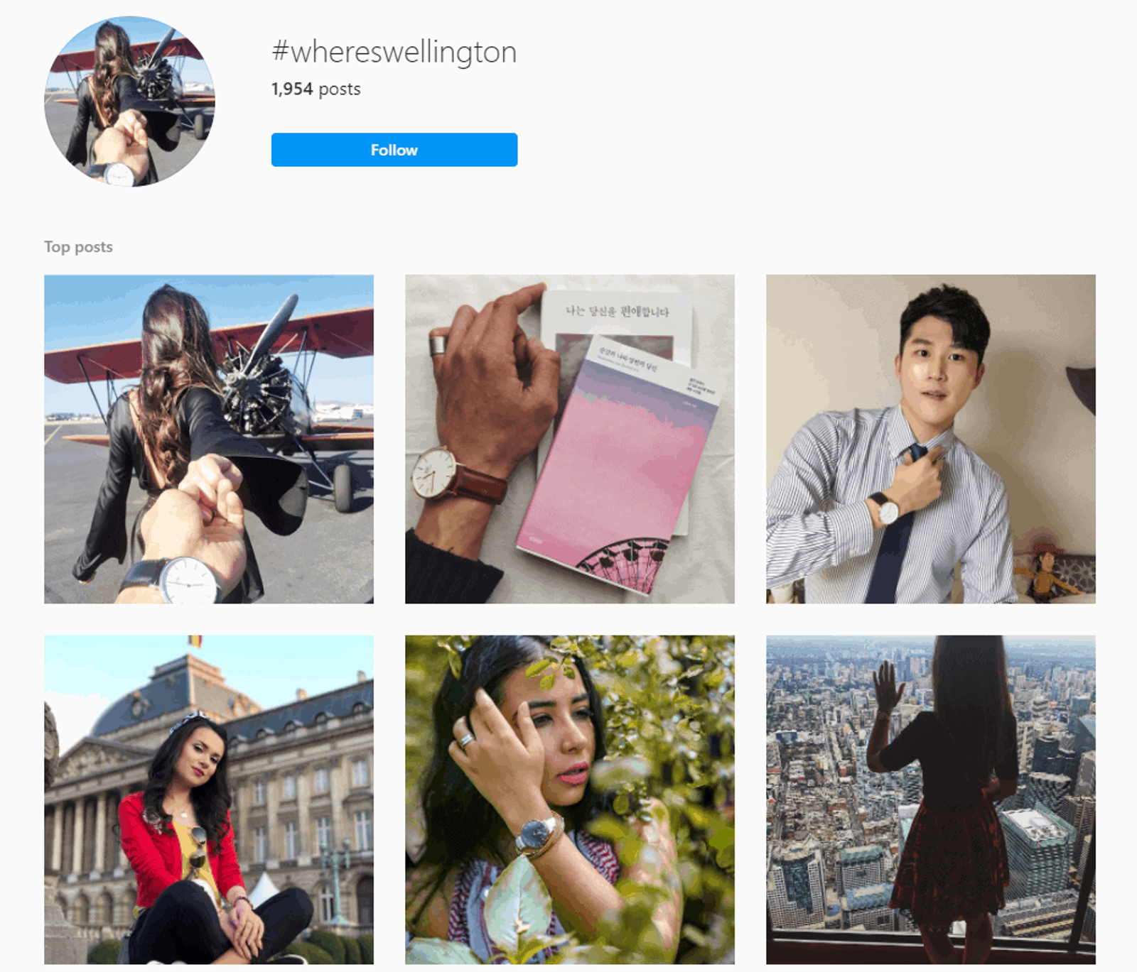 Página de hashtag para #wheresweelington mostrando a varios portadores de relojes Wellington en lugares exóticos
