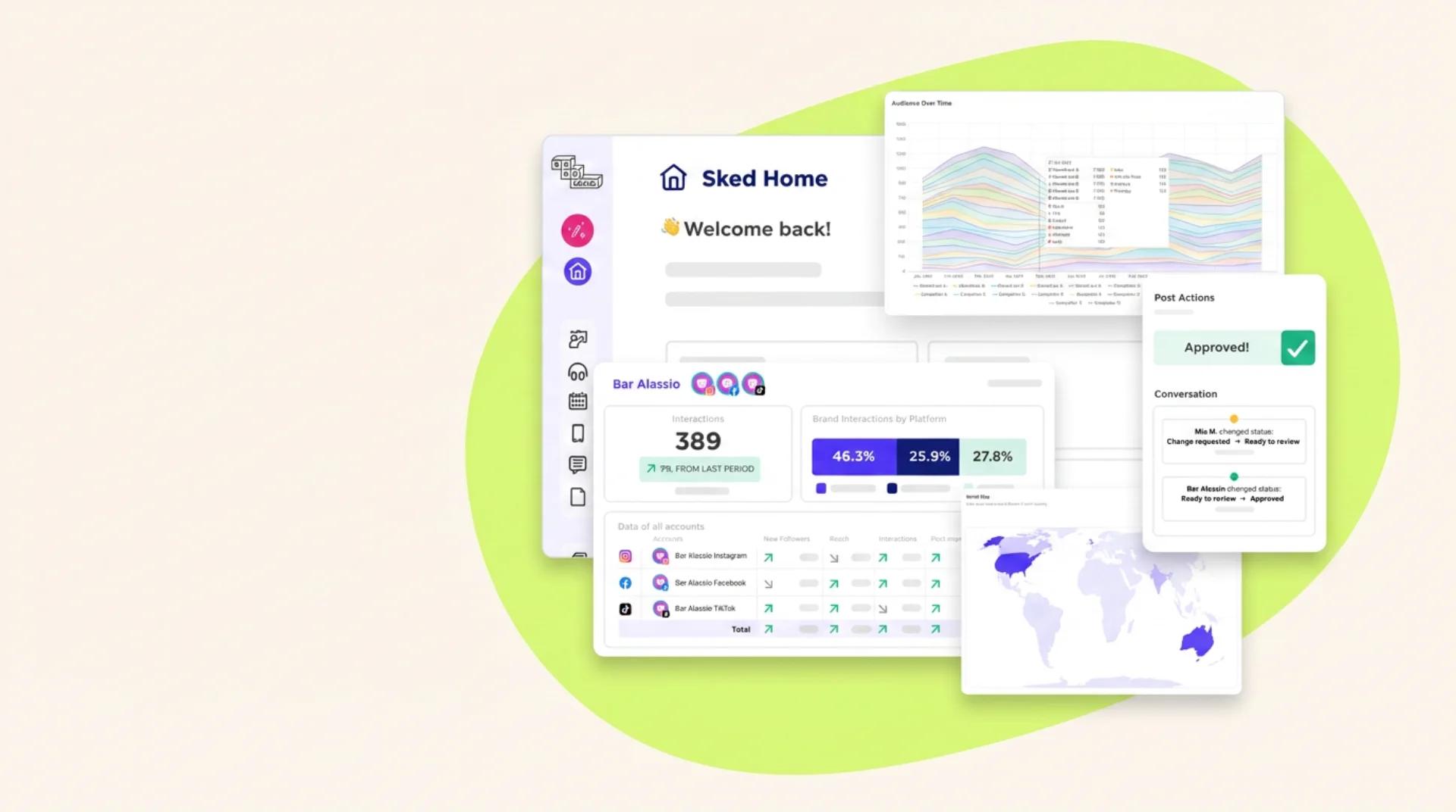 Sked product UI configured for real-estate teams — listing-aware post cards on a peach surface with a lime ground shape behind, framed as a marketing-page hero.