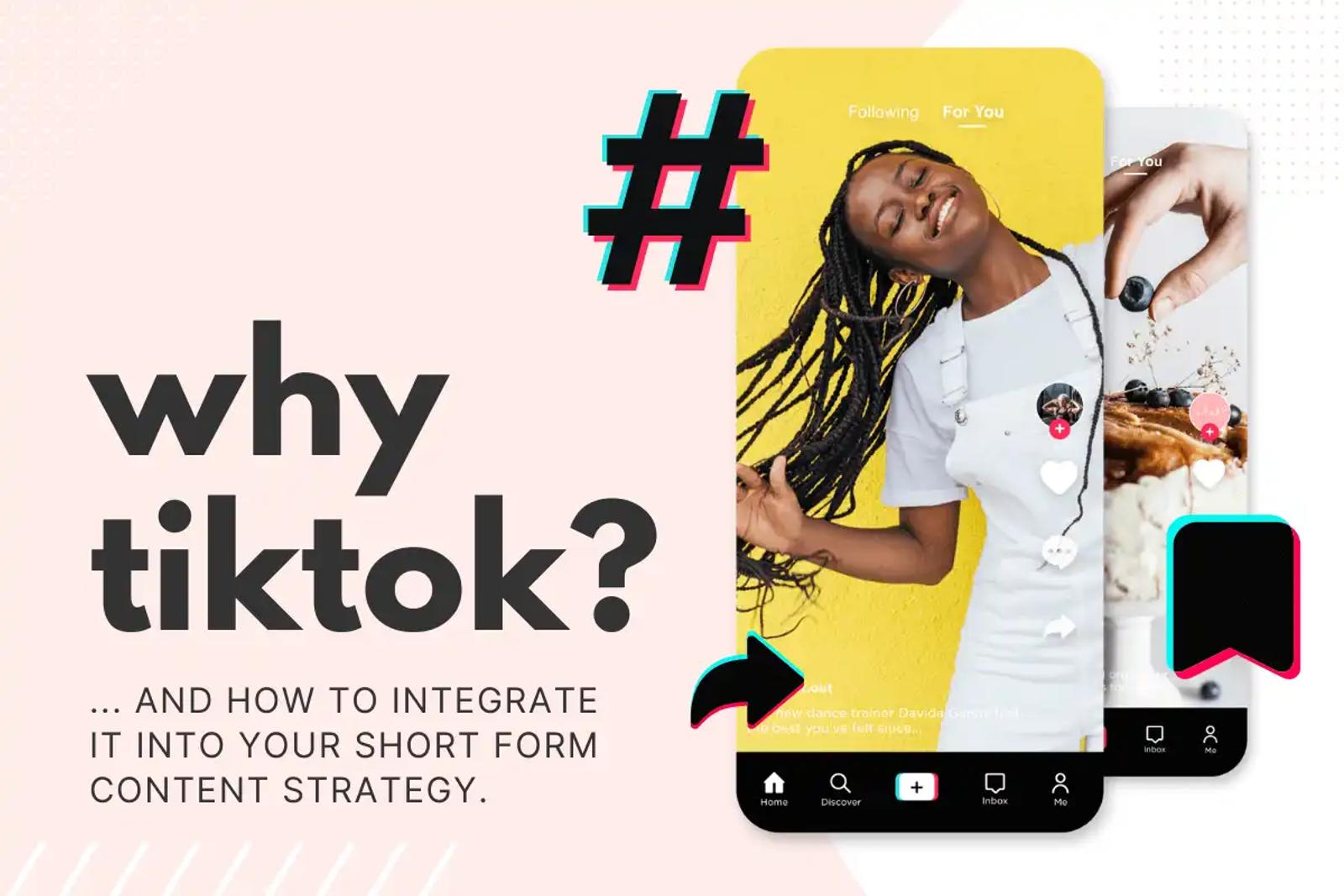 Dos pantallas de teléfono con el feed Para ti de TikTok, una con una mujer bailando, junto al texto why tiktok?