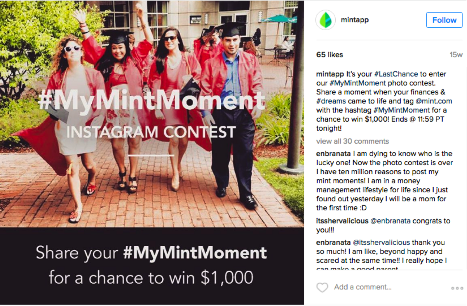 Mint's Instagram post for the #MyMintMoment contest, showing graduates celebrating outdoors.