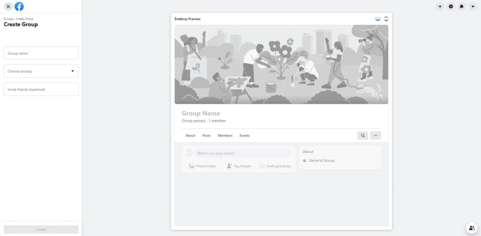 Pantalla de Facebook para crear un grupo, con campos de nombre, privacidad y una vista previa de escritorio.