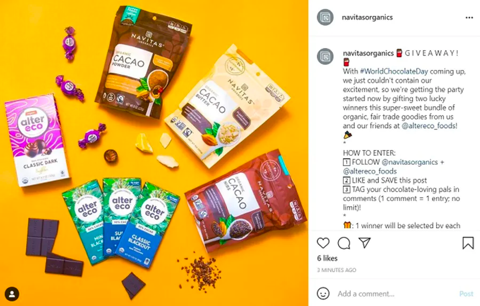 Instagram giveaway post from Navitas Organics showing cacao products, chocolate bars and entry rules.