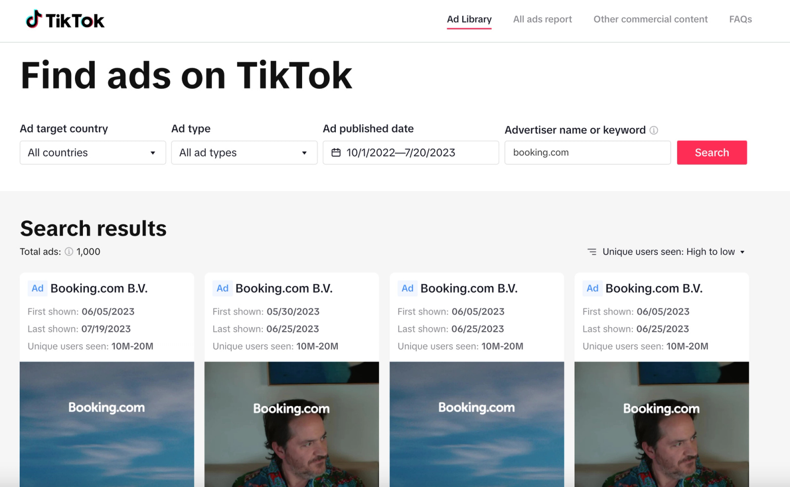 Página de resultados de la Biblioteca de Anuncios de TikTok con anuncios de Booking.com, fechas y rangos de alcance.