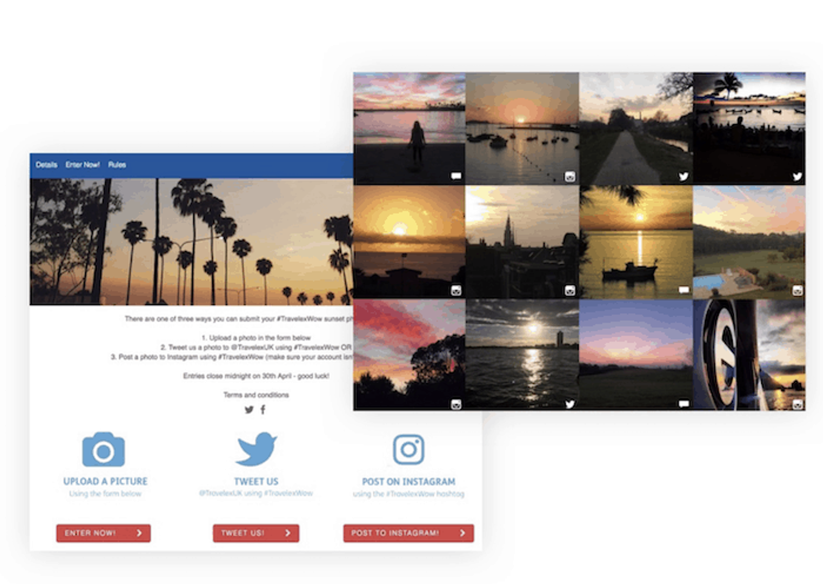 Una página de concurso fotográfico con opciones de participación junto a una cuadrícula de fotos de atardeceres enviadas.