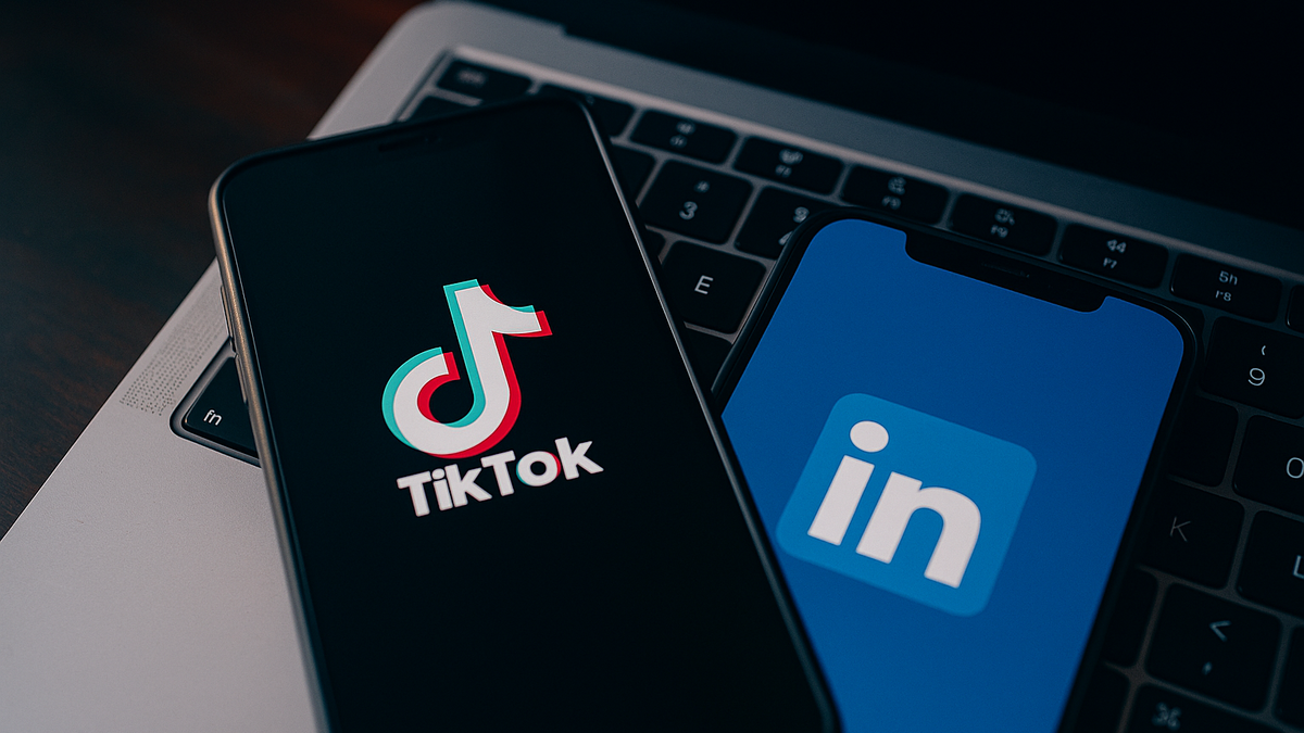 Two smartphones on a laptop keyboard, displaying the TikTok logo on the left and the LinkedIn logo on the right.