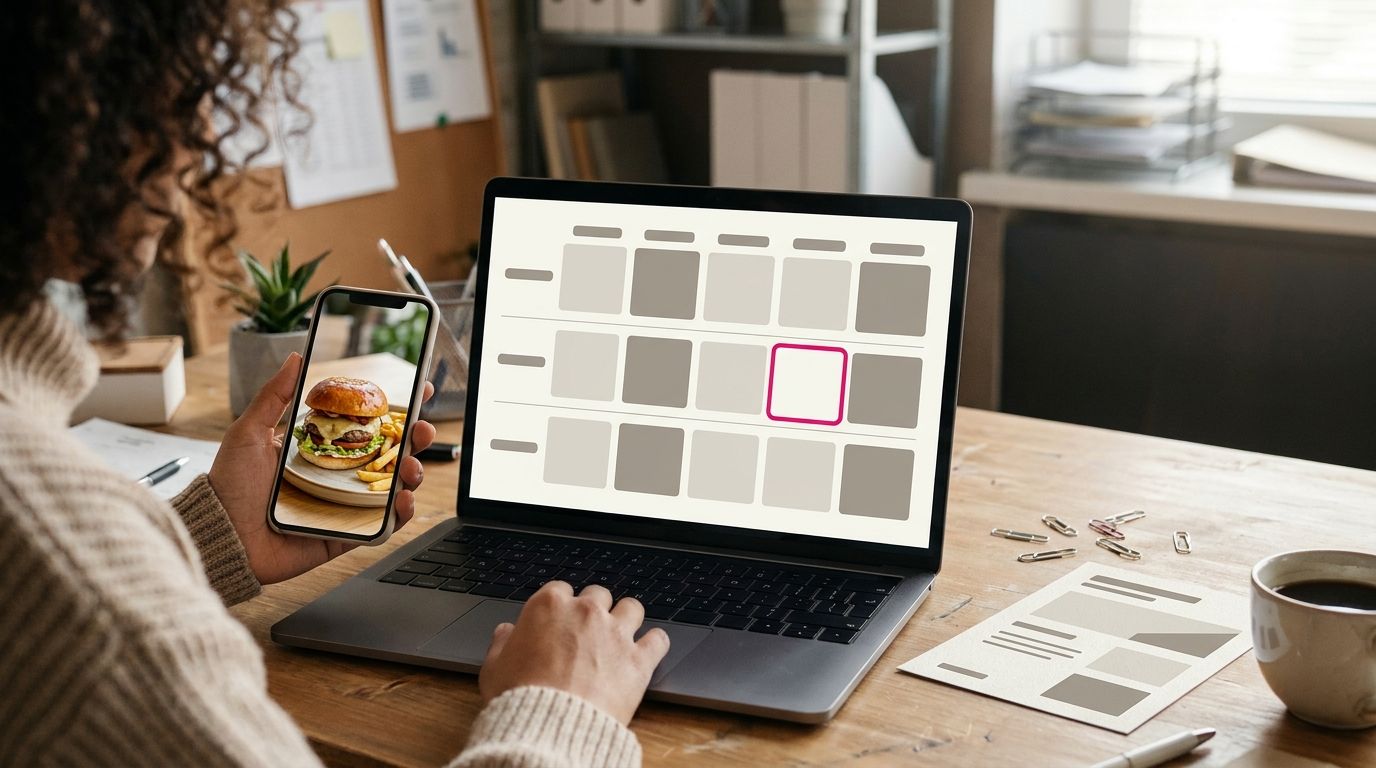 Restaurant marketing lead at a laptop with a shared content calendar of venue posts, beside a phone showing a dish photo