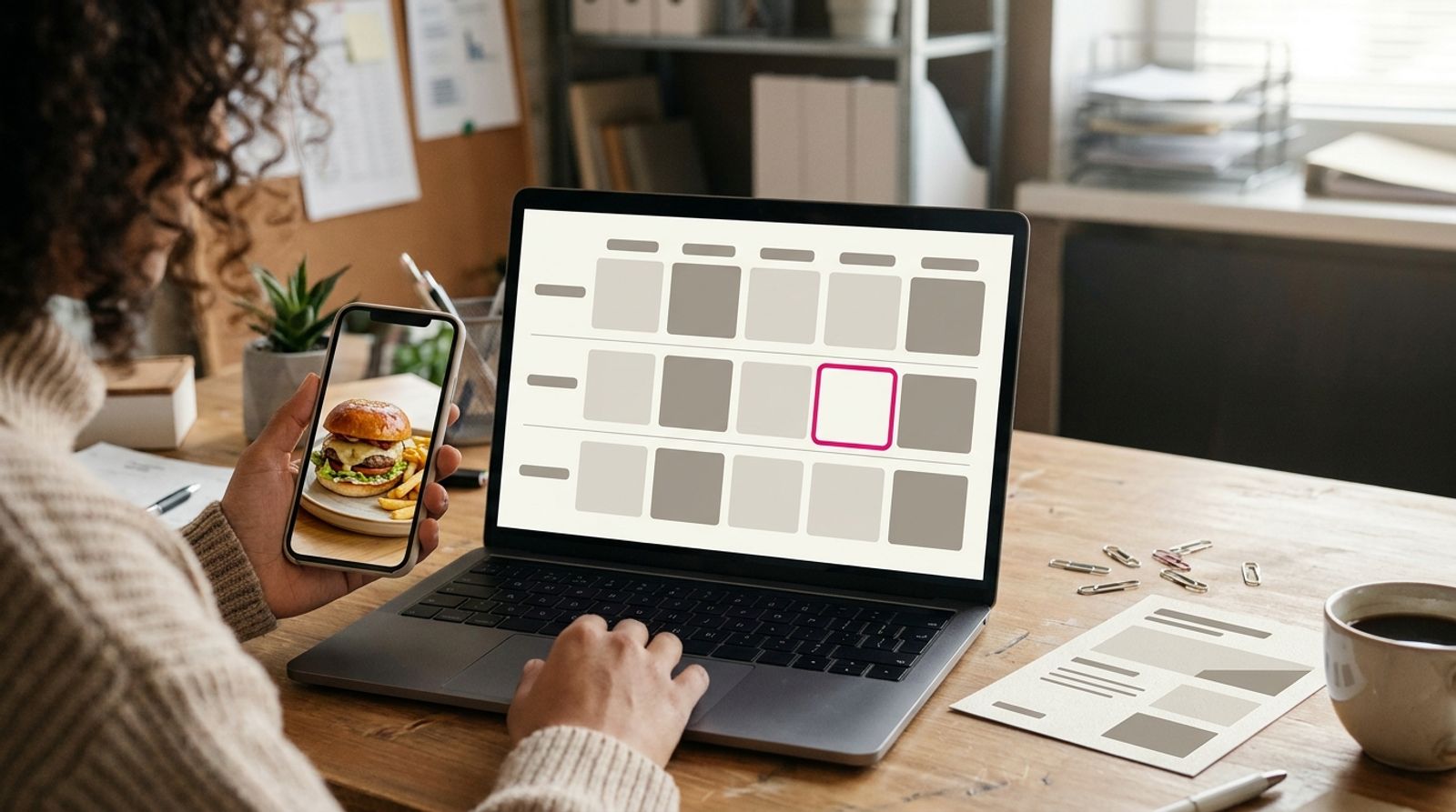 Responsable de marketing de un restaurante frente a un portátil con un calendario de contenido compartido con publicaciones de los locales, junto a un teléfono que muestra la foto de un plato