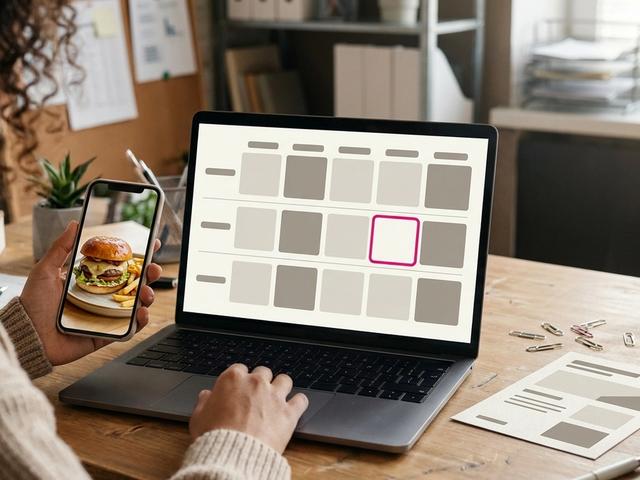 Restaurant marketing lead at a laptop with a shared content calendar of venue posts, beside a phone showing a dish photo