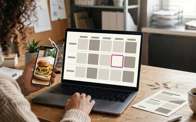 Restaurant marketing lead at a laptop with a shared content calendar of venue posts, beside a phone showing a dish photo