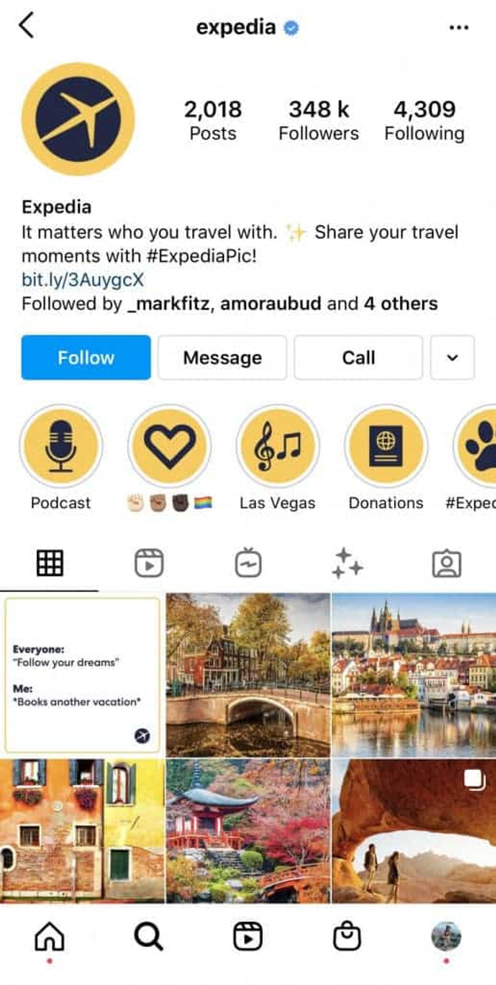 Expedia's Instagram profile
