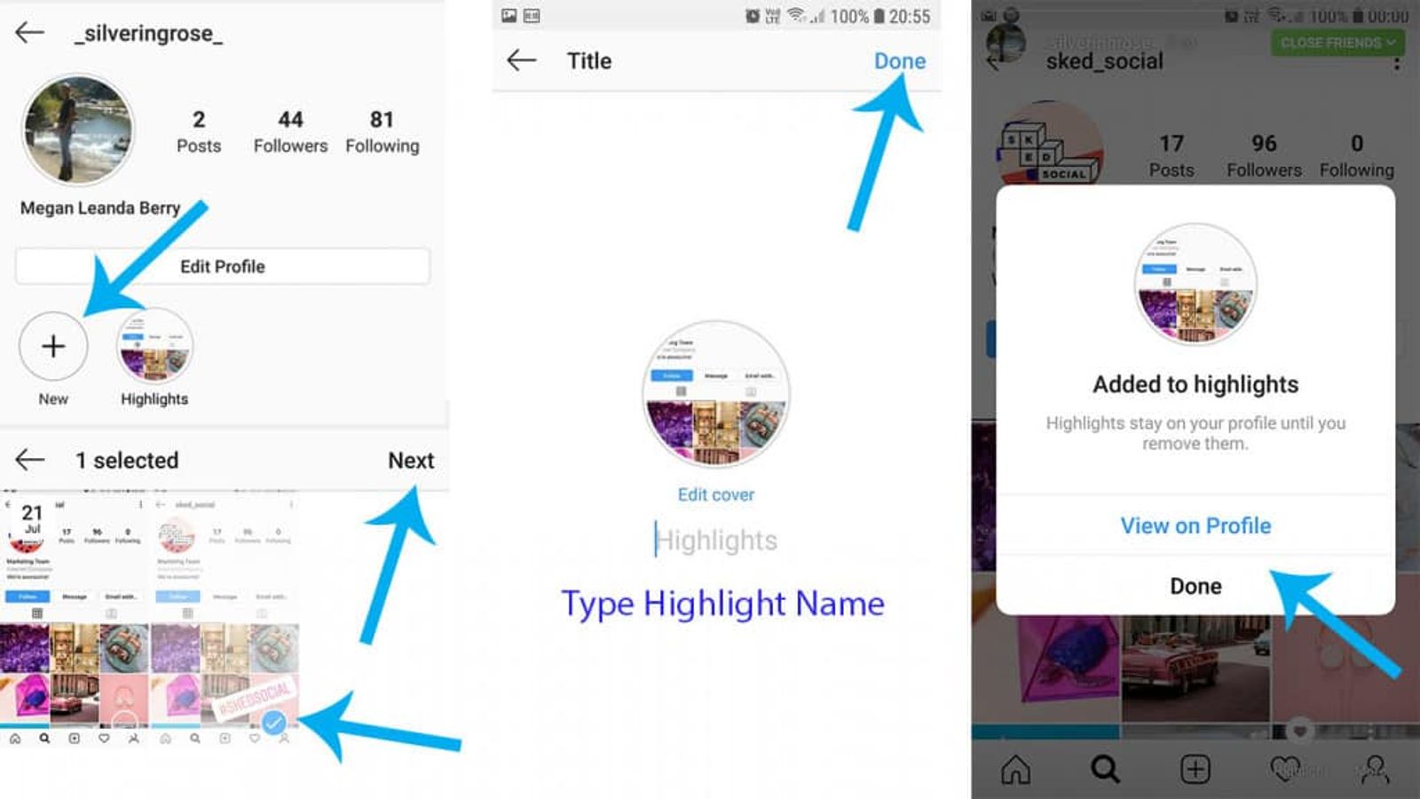 Instagram screens showing steps to select archived stories, name a highlight, and confirm it was added.