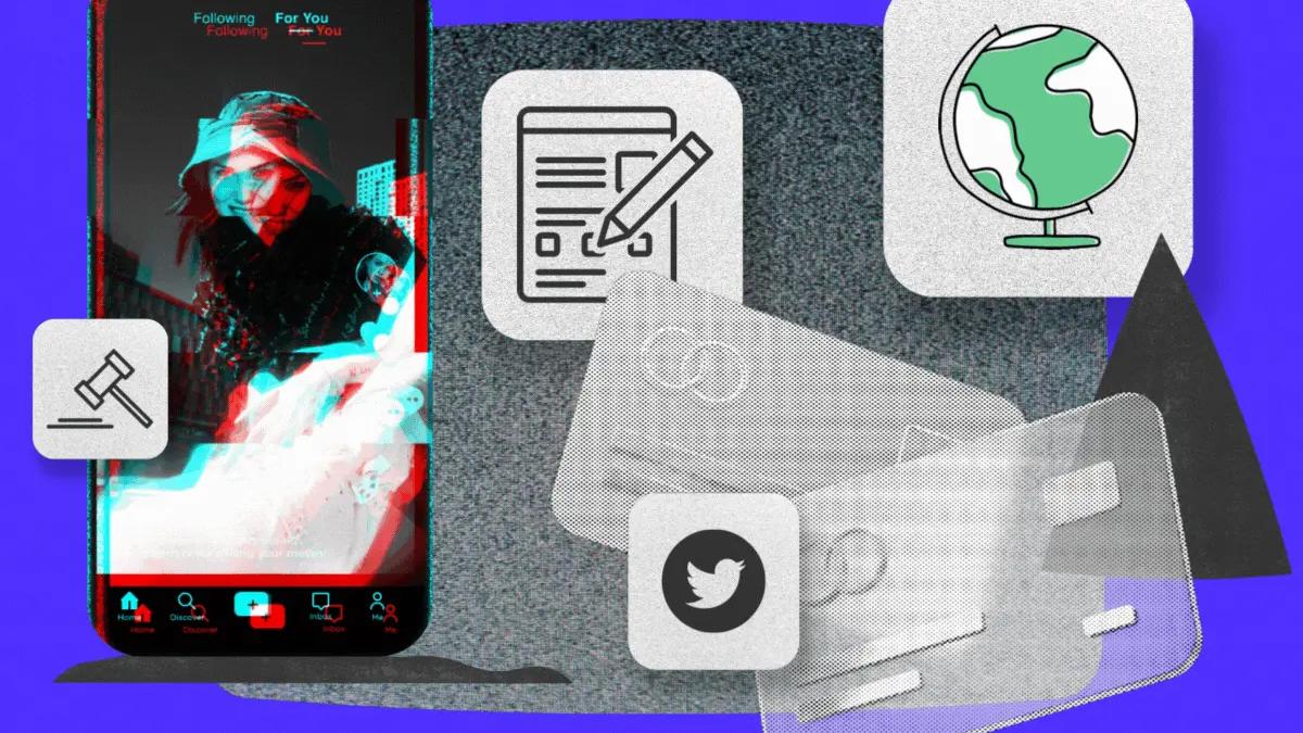 Smartphone with glitch effect video, icons for gavel, document, globe, Twitter, and credit cards on a textured background