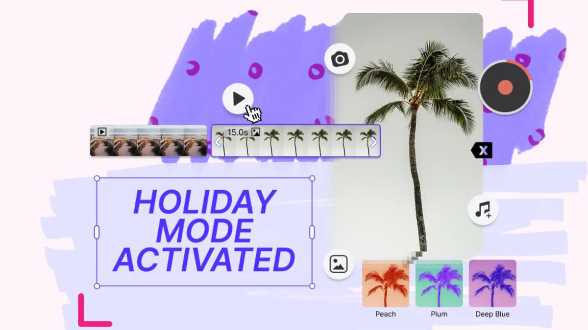 UI screenshot with a palm tree, video timeline, text box with "HOLIDAY MODE ACTIVATED", and color filters. Play button, camera, music, and X icons. Purple and