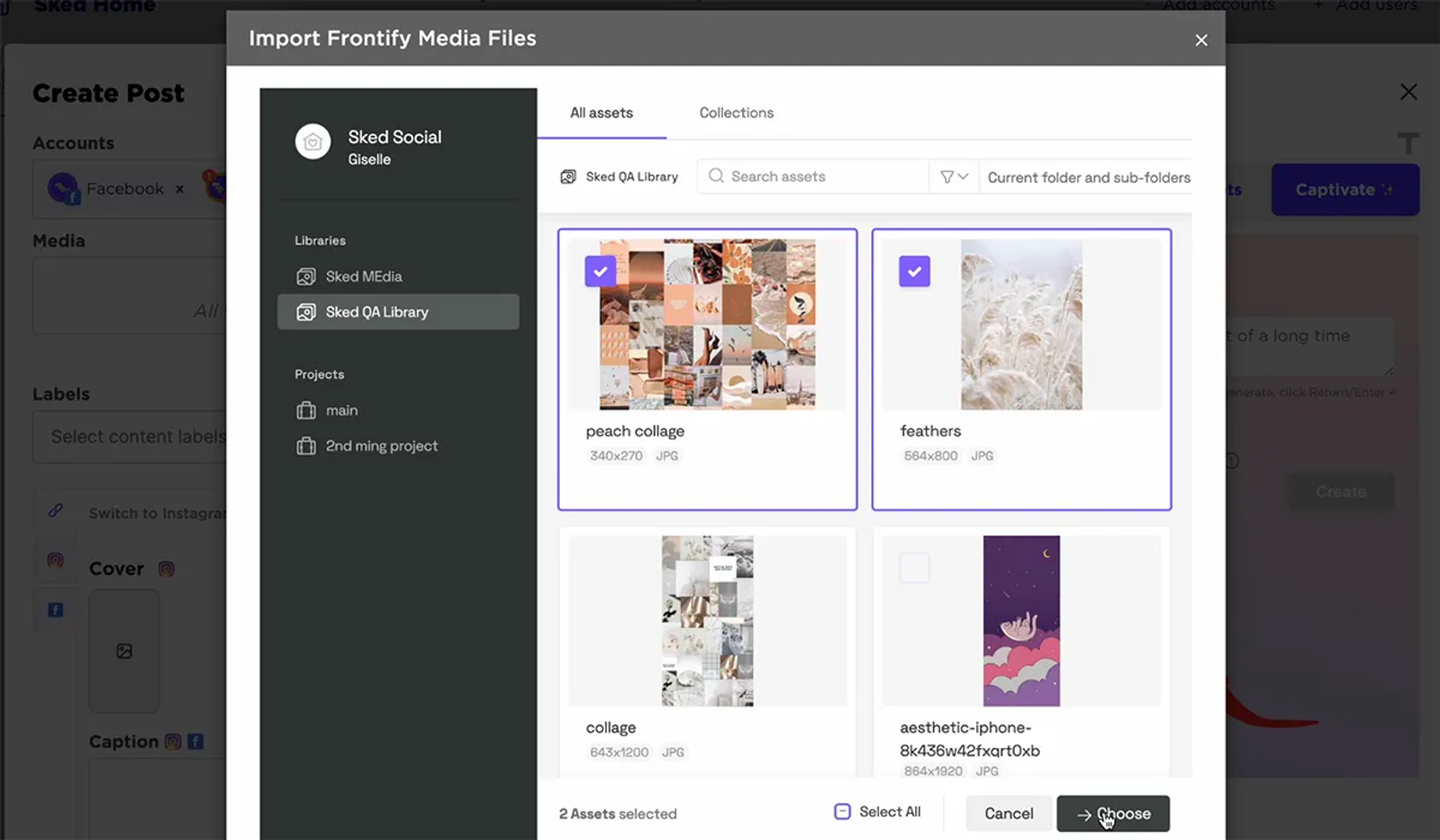Sked Social dialog for importing Frontify media files, showing a grid of selectable image assets.