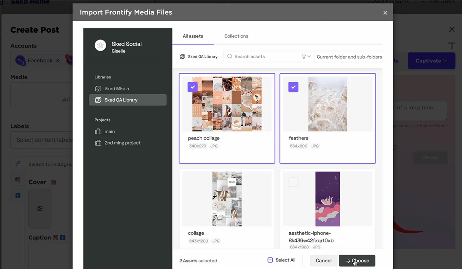 Sked Social dialog for importing Frontify media files, showing a grid of selectable image assets.