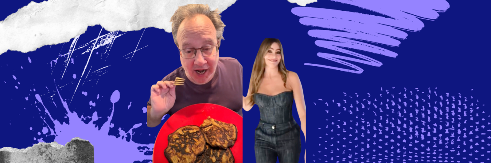 Collage de un hombre comiendo de un plato de comida y una mujer de pie, sobre un fondo azul con gráficos.