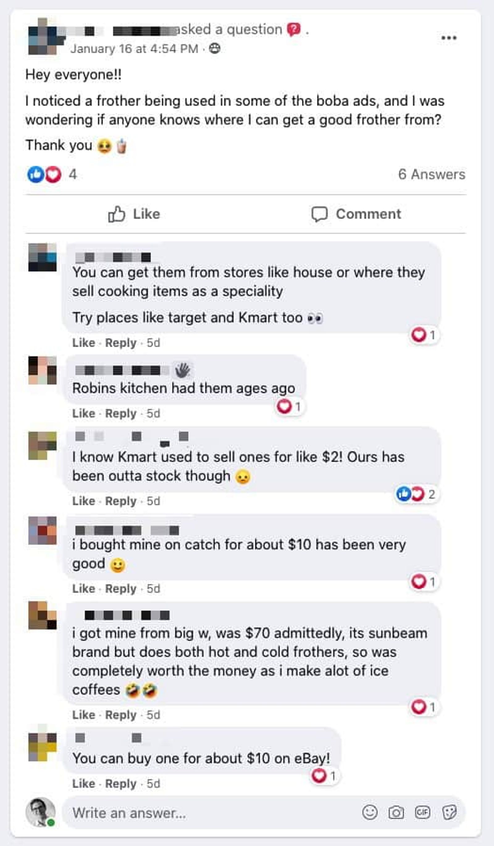 Cliente preguntando sobre sugerencias de productos en un Grupo de Facebook