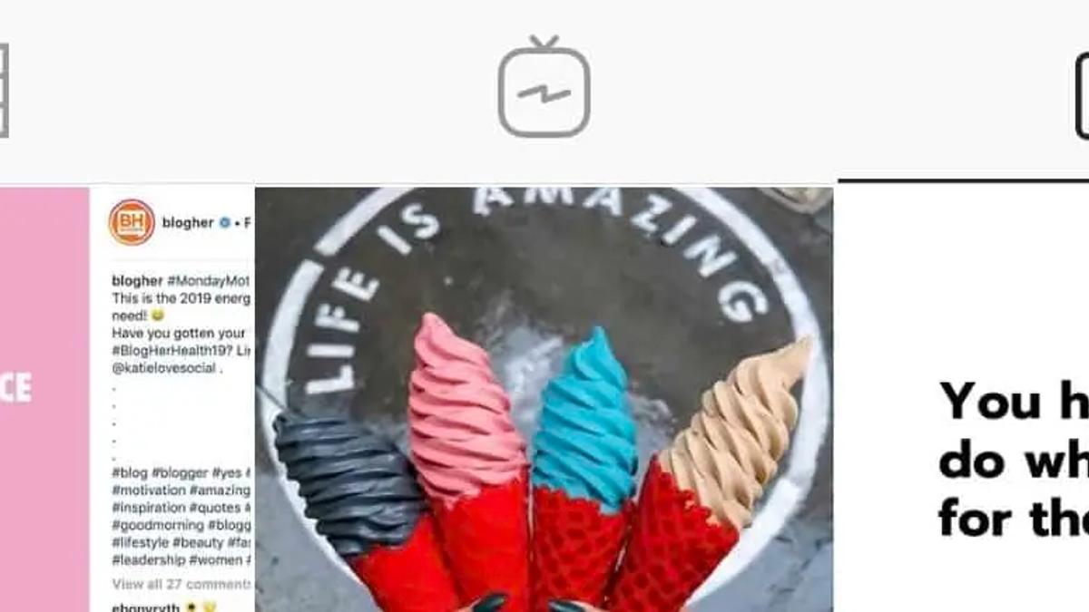 Instagram UI showing three posts: a pink text post, four colorful ice cream cones, and a quote.