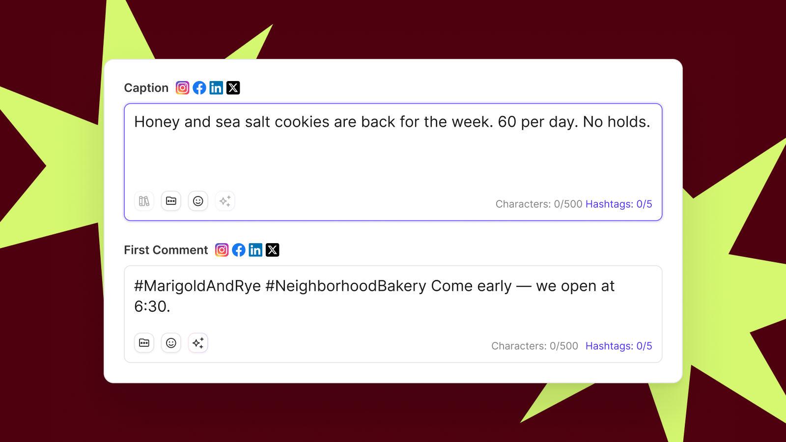 Sked Social post composer with a bakery caption and a scheduled first comment holding the hashtags