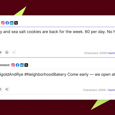 Sked Social post composer with a bakery caption and a scheduled first comment holding the hashtags