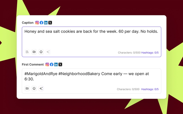 Sked Social post composer with a bakery caption and a scheduled first comment holding the hashtags