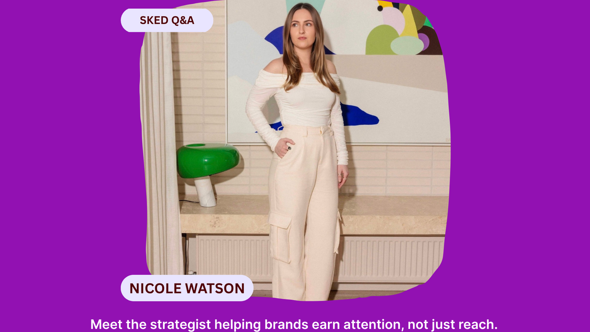 Woman in off-white top and pants, standing in a room with a green mushroom lamp and abstract art. Text: SKED Q&A, NICOLE WATSON.