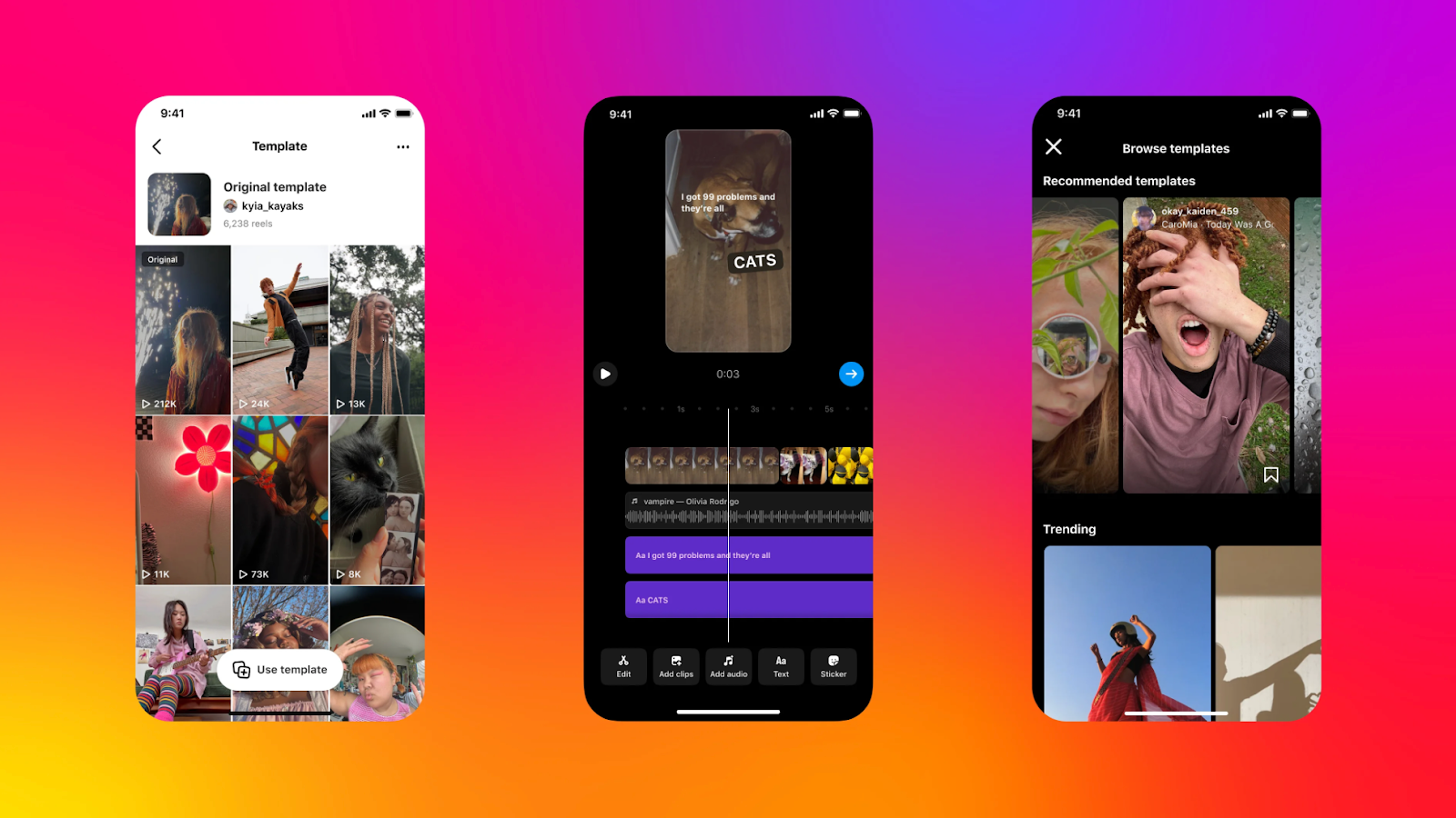 Pantallas de Instagram con una cuadrícula de plantillas de Reels, un editor de video y una página para explorar plantillas.